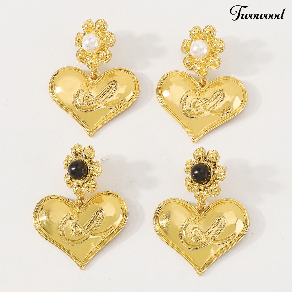 Twowood 1pasang Liontin Anting Temperamen Geometris Jenis Perancis Mutiara Imitasi Bentuk Bunga Berdandan Hias Gaya Istana Vintage Hati Menjuntai Anting-Anting Perhiasan Aksesori