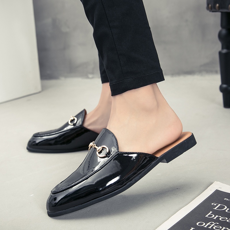 Terbaru Sepatu Kulit Loafers Mules Pantofel Glossy Pria Selop Resmi Pesta Santai Casual Tanpa Tali Cowok Murah Ringan Lentur 252