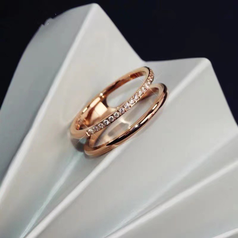 Cincin Berlian Model Hollow Lapis Ganda | Cincin Titanium Steel Lapis Rose Gold 18K Untuk Wanita | Kotak Hadiah Untuk Hadiah | Cincin Bahan Stainless Steel Untuk Perhiasan