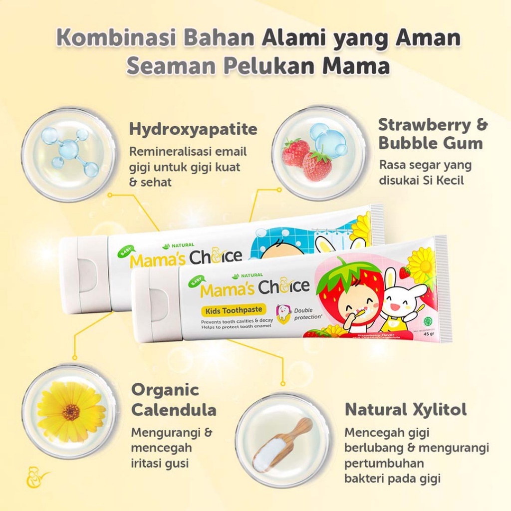 MAMA'S CHOICE Baby &amp; Kids Toothpaste 45gr / Mamas Choice Odol Pasta Gigi Food Grade Bayi Anak Strawberry / Bubble Gum / BANDUNG