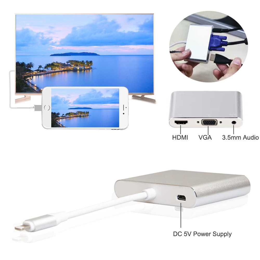 Adaptor Converter Lightning to HDMI VGA with Audio Port 1Phone Macb00k Apel 7585C