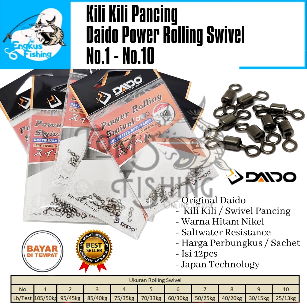 Kili Kili Pancing Daido Power Rolling Swivel No.1 - No.10 (Water Resistance) Murah - Engkus Fishing