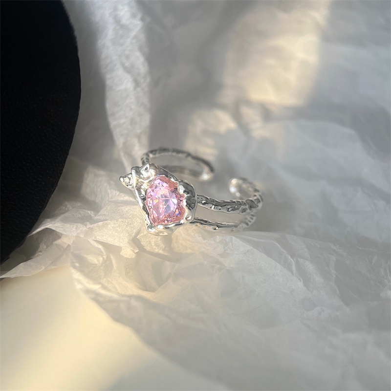 We Flower Korea s925 Perak Berkilau Pink Kristal Cincin Untuk Wanita Gadis Elegan Manis Berlian Imitasi Cincin Pertunangan Pesta Pernikahan Jari Perhiasan Hadiah Untuk Her