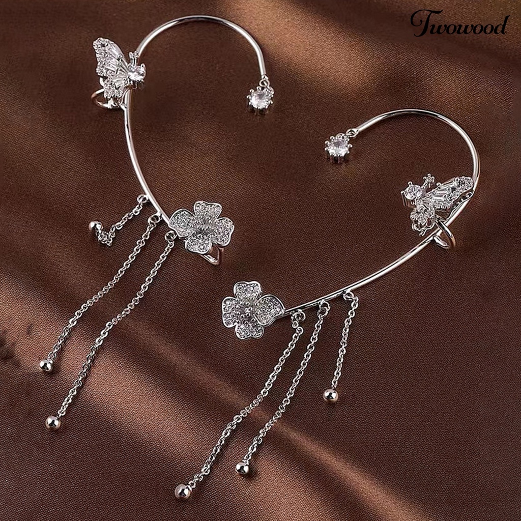 Twowood 1Pc Manset Telinga Mewah Temperamen Dekorasi Geometris Tinggi Gloss Berdandan Tanpa Tindik Shiny Cubic Zirconia Butterfly Ear Cuff Perhiasan Aksesoris