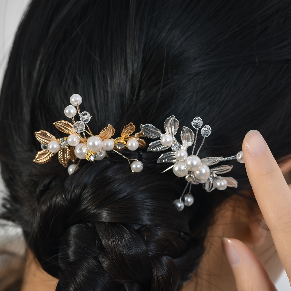 Hiasan Kepala Mutiara Perak Pernikahan Pengantin/Jepit Rambut Daun Olive Emas/Jepit Rambut Berlian Imitasi Fashion/Aksesoris Rambut Pengantin