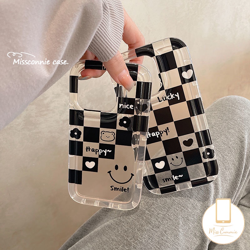 IPHONE Pasangan Kotak-Kotak Smiley Airbag Case Kompatibel Untuk Iphone11 14 13 12 Pro MAX XR 7Plus 8Plus 6 6S Plus X XS MAX SE 2020 Beruang Lucu Lembut Tpu Cinta Hati Ponsel Cover