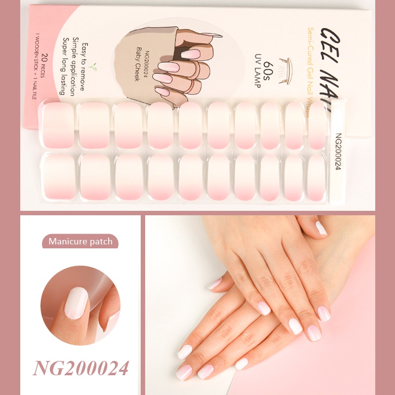 20tips Warna Pink Nude Semi Obat Gel Kuku Strip Patch Sliders Perekat Tahan Air Full Cover Gel Nail Stcikers