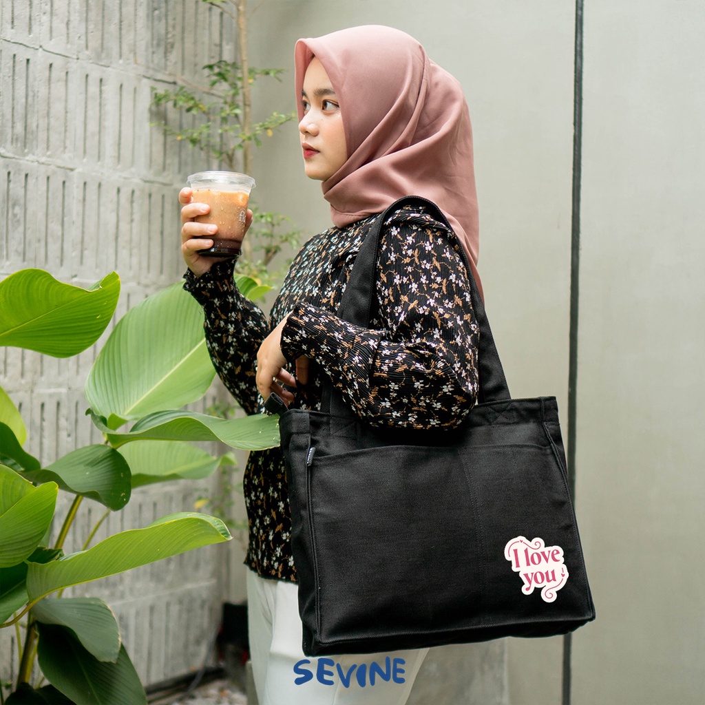 Sevine Totebag Kanvas Rebecca Tas Wanita Tote Bag Kuliah Sekolah Sekat Laptop Hitam Elegan Aesthetic - WV