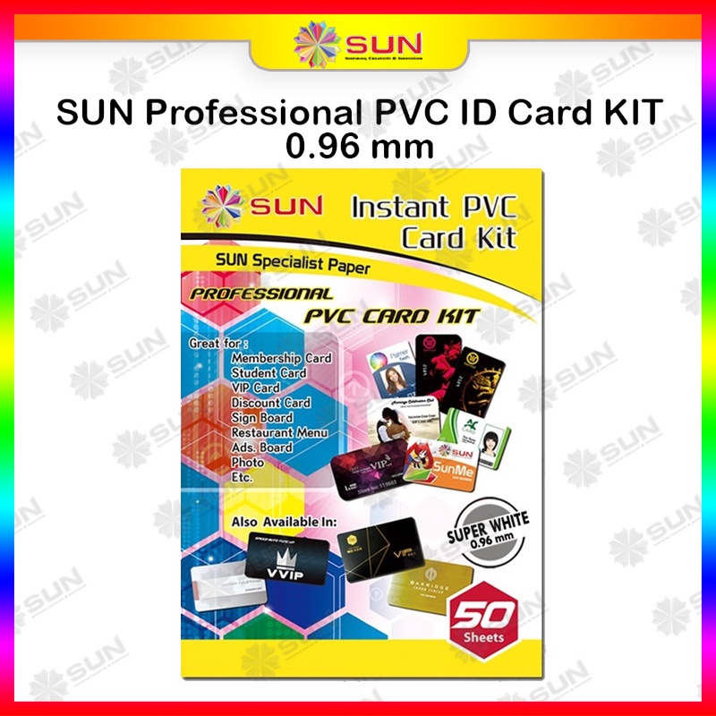 

Kertas PVC ID Card A4 PREMIUM - SUN PVC ID Card Super White 0.76, 0.96 (Isi 50 Lembar = 500 Card) ( Support epson/canon/hp/brother ori/dye/pigment/art paper ink - 664, 003, 673, 790, 810, BT5000, GT51 52, dll)