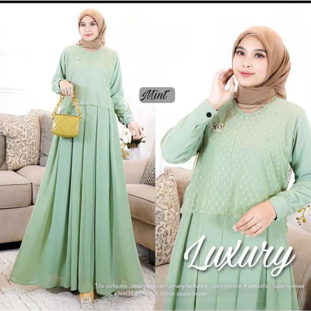Terbaru Luxury Dress Baju Wanita Dewasa Bahan Ceruty Babydoll Premium Mix Tile Dot Gamis 2 Layer Gam