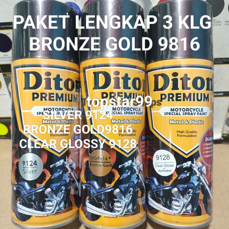 Diton Premium Paket Lengkap 3 Kaleng 400cc Bronze Gold 9816  Clear Glossy 9128 Pilox Pilok Cat Semprot Spray Paint