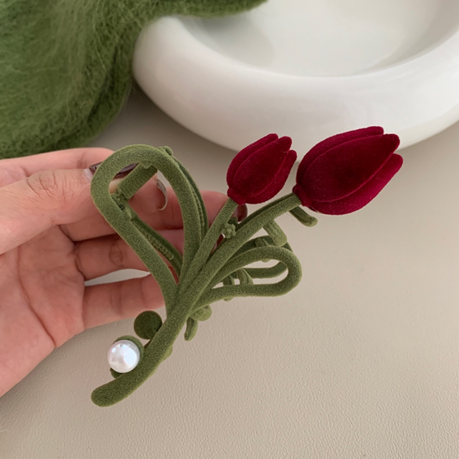 Korea Vintage Merah Beludru Tulip Jepit Rambut Gadis Manis Mutiara Hair Clip Woman Aksesoris Rambut