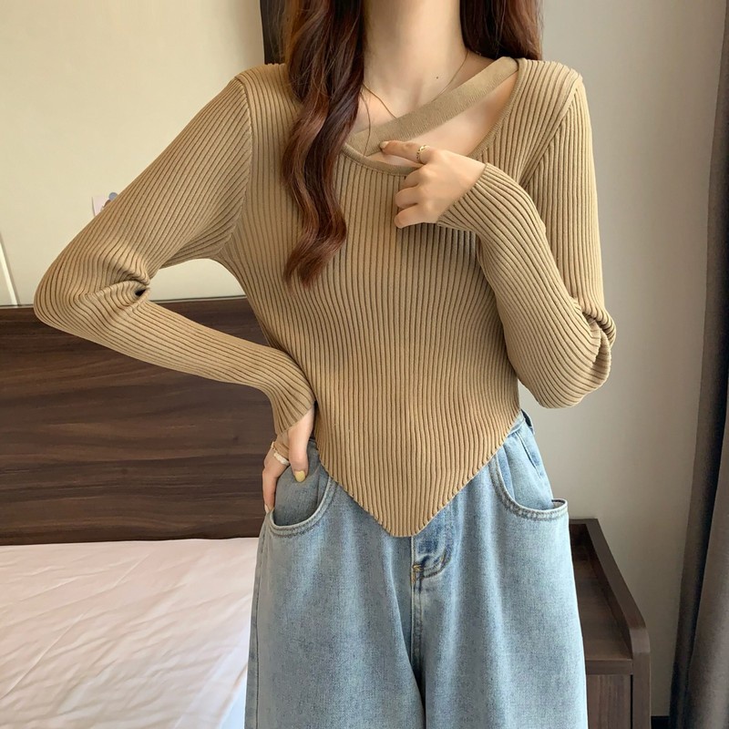 Crop Top Lengan Panjang Sweater Knit Korea Blouse Rajut Kekinian