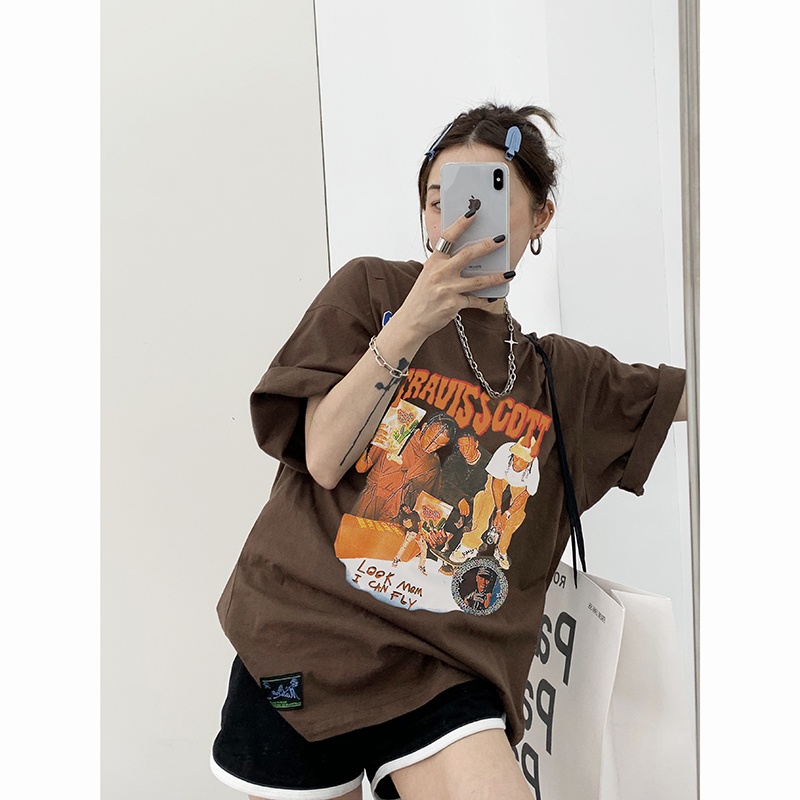 EUNII Brown T-shirt Lengan Pendek Retro Hip Hop Boy Printing Korean Style/Kaos Atasan Wanita/Baju Kaus Oversize Wanita/Kaos Wanita