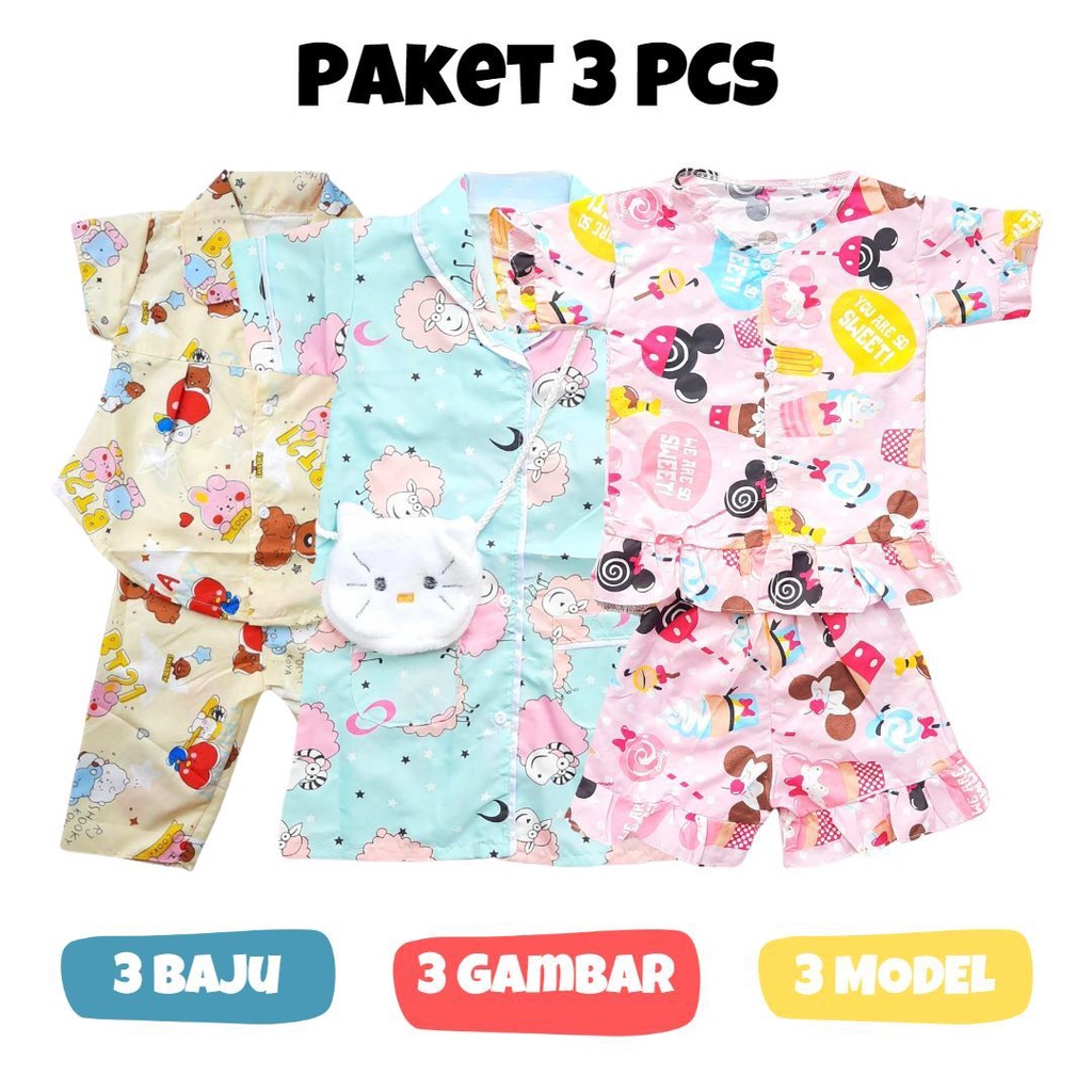 PAKET BUNDLE 3 PCS Baju Tidur Anak Perempuan 0-2 Tahun COD / Bundling / Paket Usaha / Daster - tokob