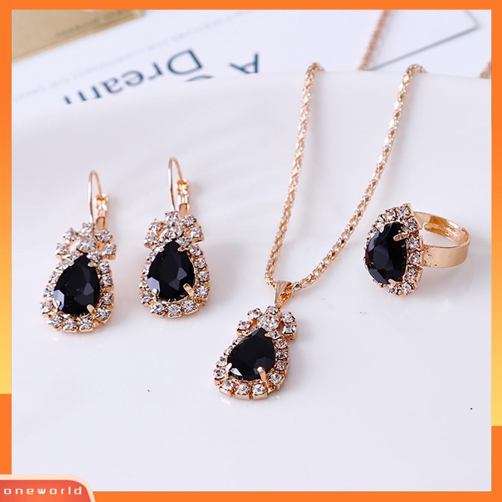 OW@ Jewelry Set Eye-catching Easy Matching Women Waterdrop Shiny Rhinestone Necklace Ring Earrings for Party
