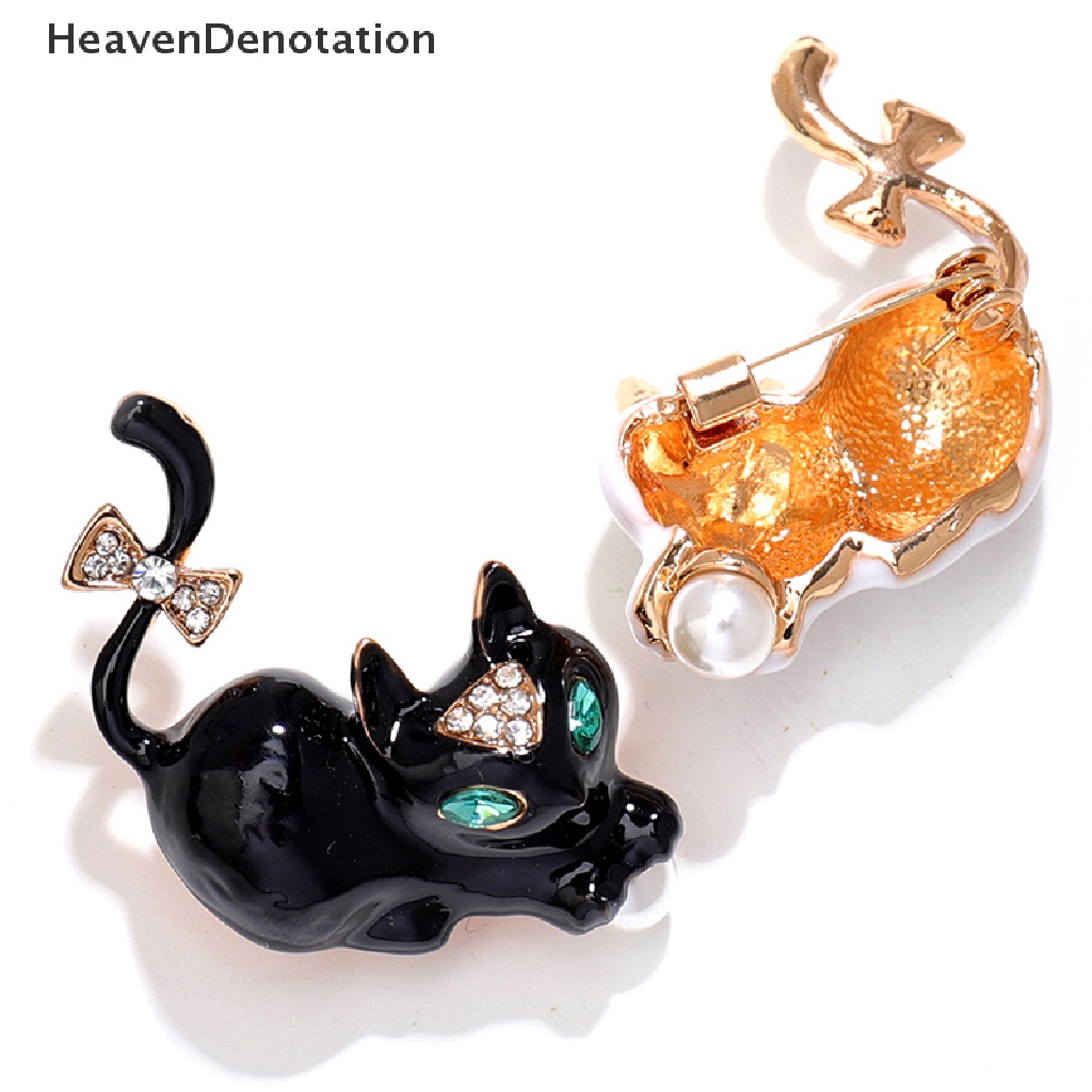 [HeavenDenotation] Temperamen Bertatahkan Berlian Hitam Putih Kucing Bros Retro Korsase Hias Jas Pakaian Lencana Untuk Lady Perhiasan Pin HDV