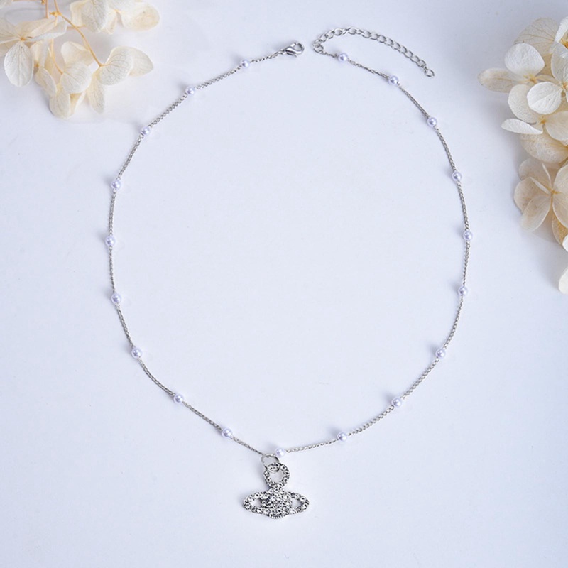 Perhiasan Rantai Vintage Kristal Zirkon Planet Saturnus Mutiara Choker Kalung Untuk Wanita Perempuan Pasangan Saturnus Liontin Kalung