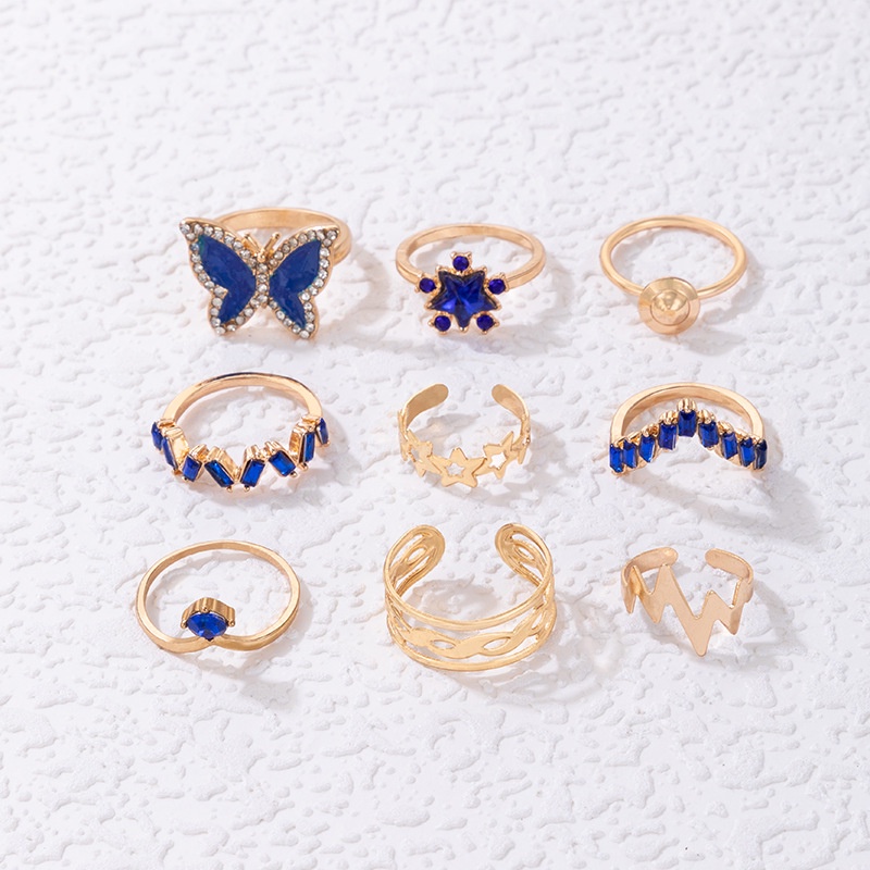 9pcs / set Shining Rhineston-encrusted Blue Butterfly Ring for Women Creative Hollow Star Geometric Rings Party Jewelry