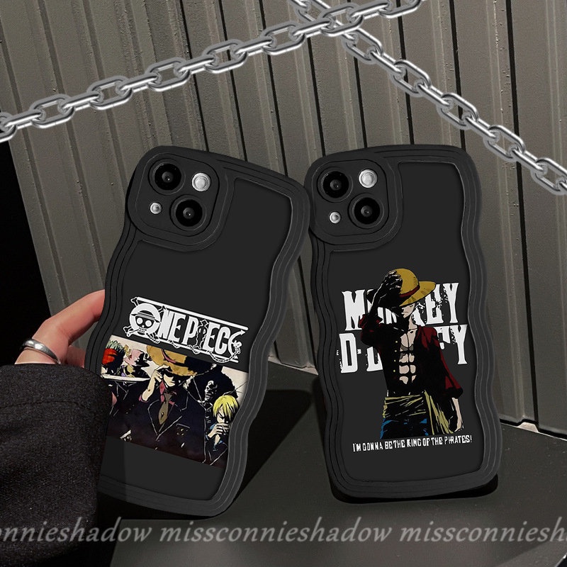 IPHONE Casing Ponsel Anime One Piece Merek Trendi Kompatibel Untuk Iphone11 Pro Max XR 78 Plus X XS Max 13 11 12 14 Pro Max 14 6s 6 Plus SE 2020 Kartun Luffy Lembut Tpu Hitam Bergelombang Penutup Tepi