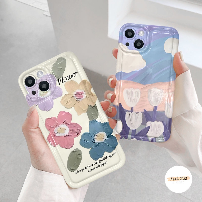 IPHONE Case Bunga Lukisan Cat Minyak Kompatibel Untuk Iphone11 14 13 12 Pro MAX X XS MAX XR 6 6S 7 8 Plus Shockproof Airbag Clear Fresh Art Flower Tulips Soft Phone Case TPU Penutup Belakang