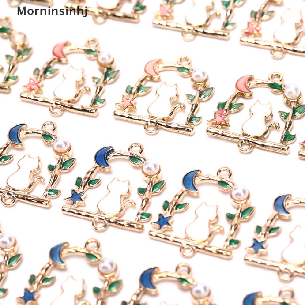 Mornin 10Pcs/Lot Enamel Alloy Bintang Bulan Kucing Ch Liontin Logam Temuan Perhiasan DIY id