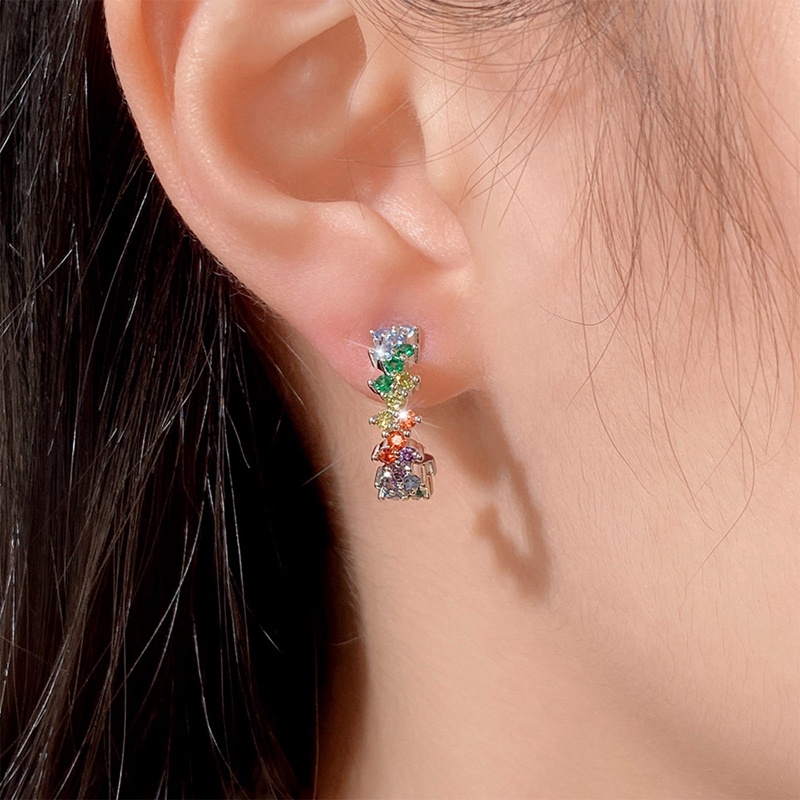 Fancy Rainbow Color Hoop Earrings Untuk Wanita Warna Perak Mempesona Cubic Zirconia Sederhana Bergaya Perempuan Anting Hadiah Fashion Perhiasan