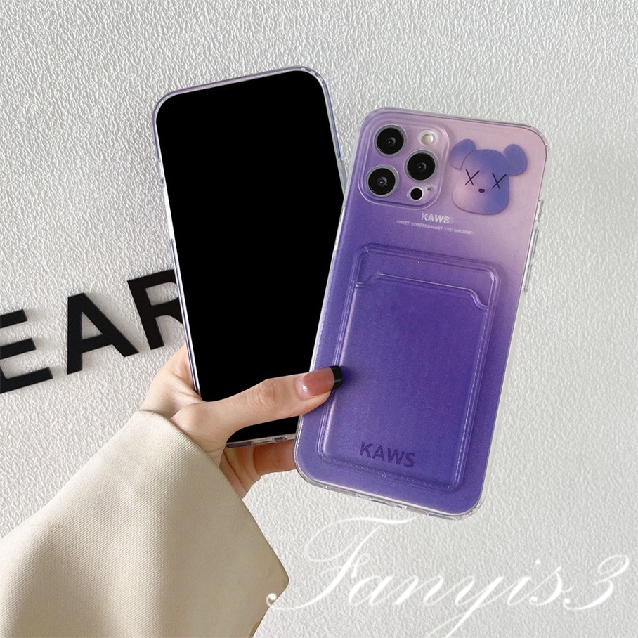 Redmi A1 Plus 10C 10A 10 9A 9C 9 9T Note 11s 10s 9s 11 10 9 8 Pro Poco X3 NFC X3Pro Mi 11 12 Lite 11T Pro Purple Bear Card Holder Phone Case Clear TPU Soft Cover Pelindung