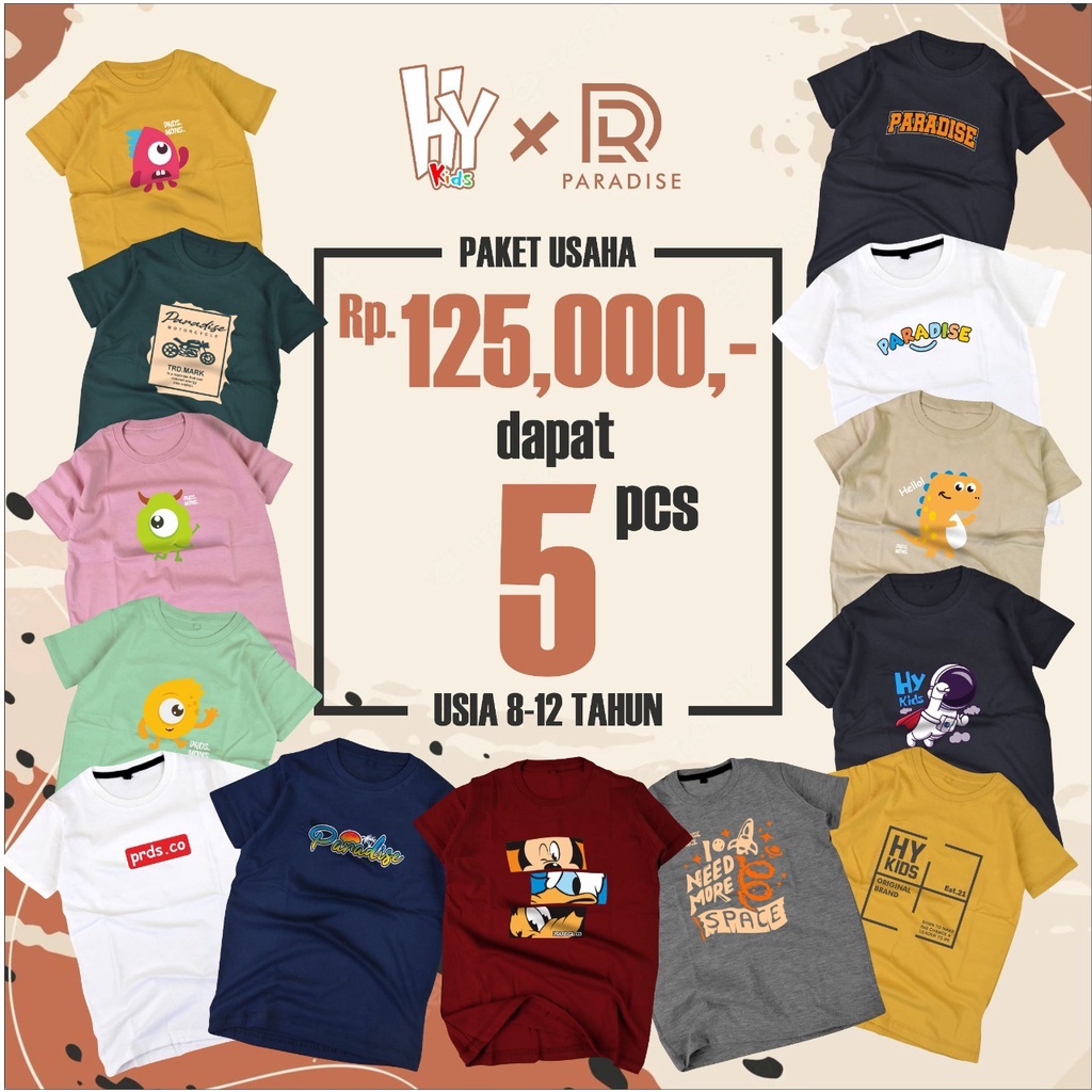 [Bayar di tempat] PAKET USAHA 125K 5PCS / Kaos Anak usia 8-12 tahun Distro