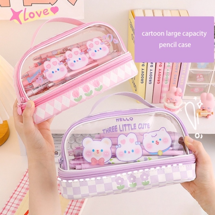 【Stiker 3D gratis】PVC Pencil  Kapasitas tinggi Case Kotak Pensil Sekolah Kapasitas Besar Dual Slot Trendy Stylish（Dapat menampung 70 pulpen）