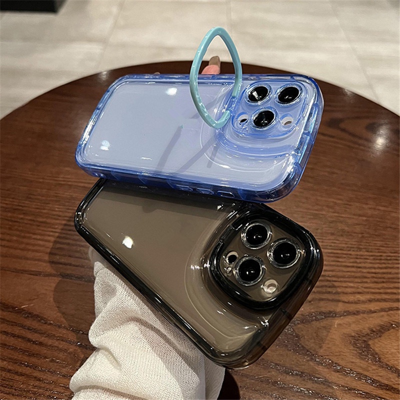 Holder Lipat Tak Terlihat Ring Stand Lensa Kamera Casing Ponsel Transparan Kompatibel Untuk iPhone 13 12 11 12Pro 13Pro Max Soft Candy Back Cover