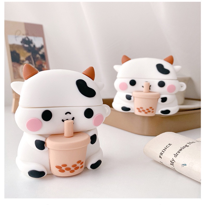 3D Cute Cow with Bubble Milk Tea Bluetooth Earphone Case Soft TWS Cover for Airpods 1 2 3 Airpods3 I12 inpods 12 Headphone Protector