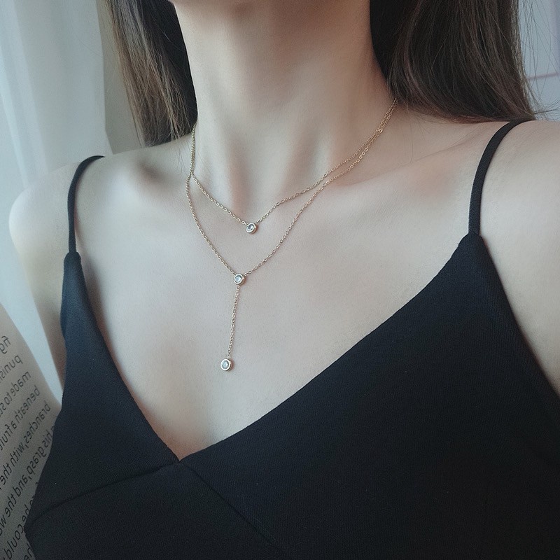 Kalung Rantai Klavikula Bahan Titanium Steel Plated 18K Rose Gold Aksen Berlian Rumbai Gaya Korea Untuk Wanita