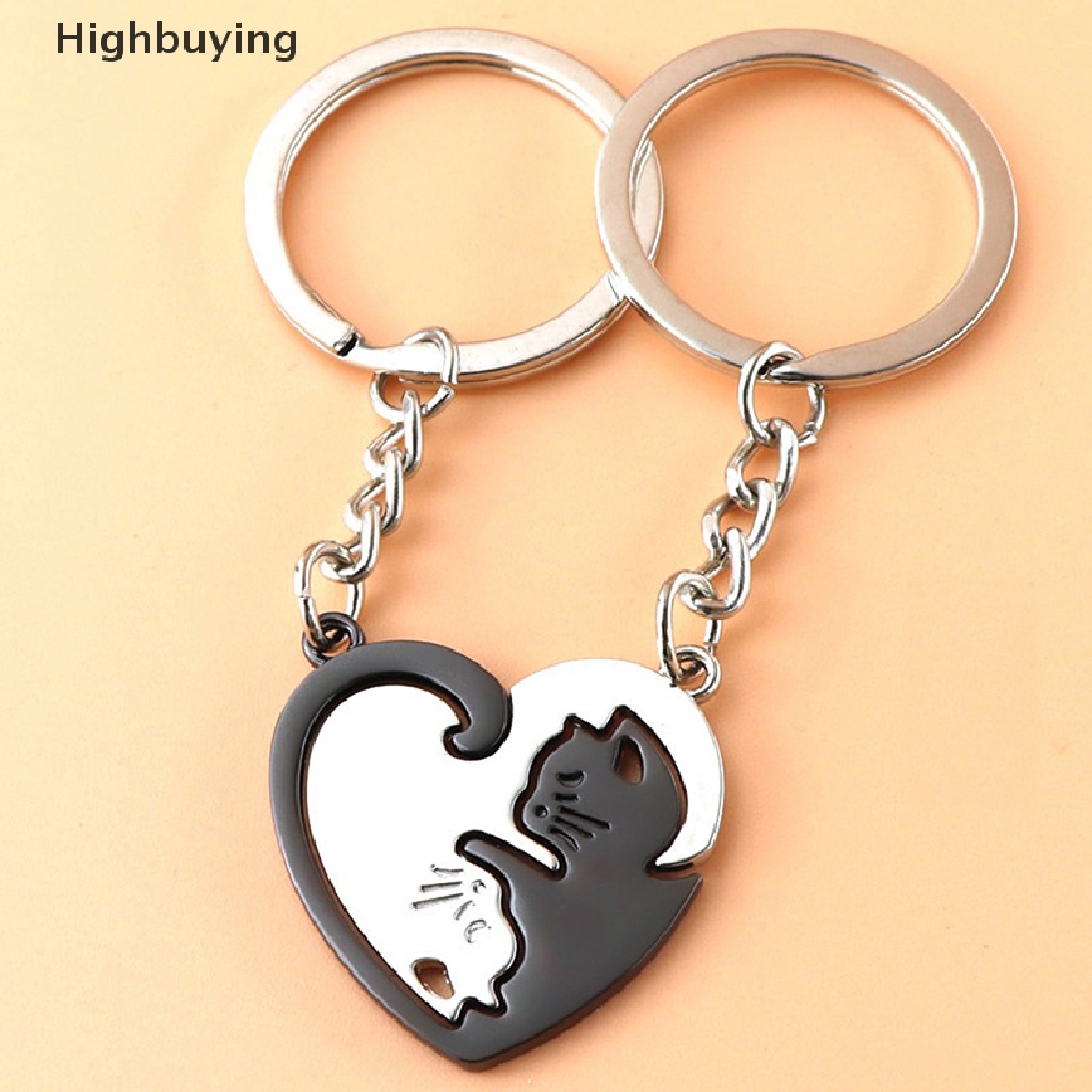 Hbid 1pasang Lucu Kucing Hitam Gantungan Kunci Patchwork Hati Bulat Pasangan Pecinta Keyring Stainless Steel Ransel Kunci Mobil Gantungan Perhiasan Glory
