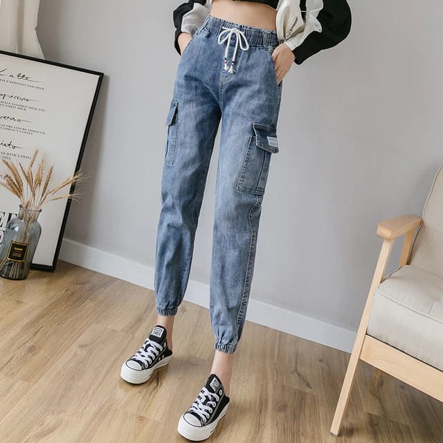 Jogger Jeans Cargo Panjang Wanita Pinggang Karet Warna Snow Boyfriend Jeans Cargo