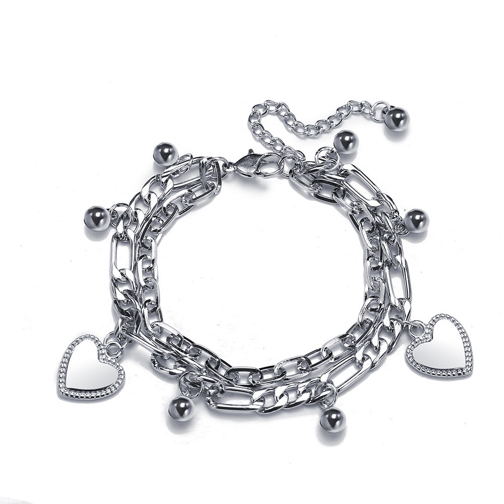 Gelang Model Lapis Ganda Bahan Alloy Desain Beruang | Gelang Tangan Rantai Aksen Hati / Salib Untuk Wanita | Aksesoris Wanita | Sendok Garpu Bahan Stainless Steel