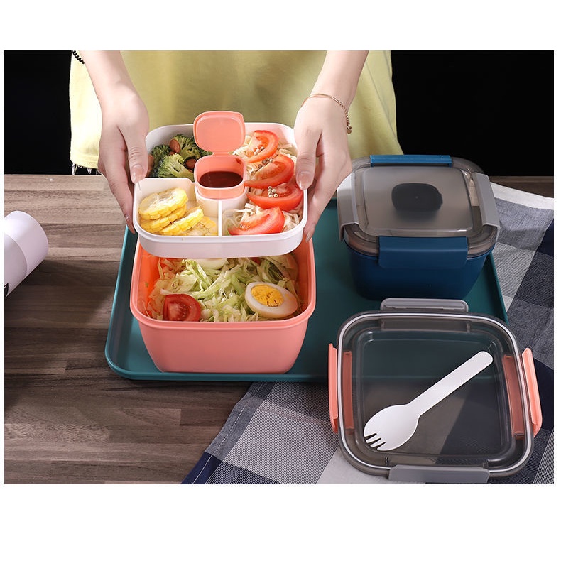 T&amp;Y Kotak Bekal 2 Tingkat 1100Ml Free Sendok 2in1 Wadah Saus Kecil Bento Lunch Box Tempat Makanan 1.1 Liter Kotak Makan Anak Anti Tumpah