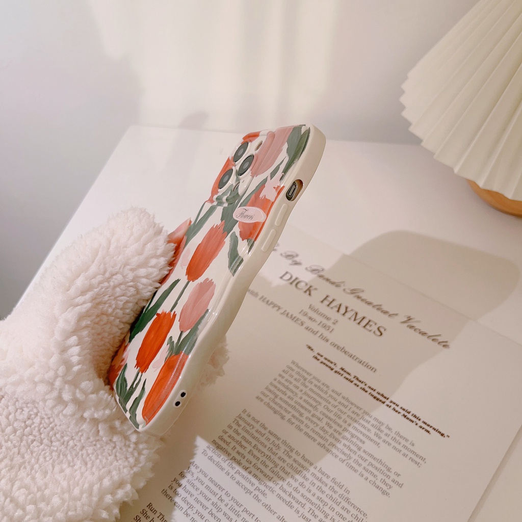 IPHONE Orange Flowers Soft Beige Wave Edge Case Untuk Iphone14 11 12 13 PRO MAX Casing Cover Pelindung AT0017