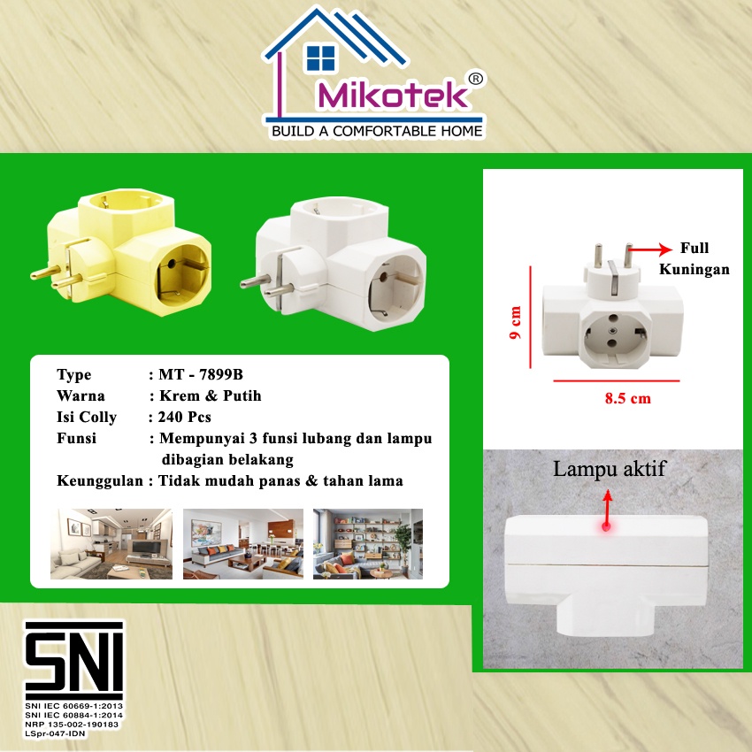 MIKOTEK Steker T Arde 3 Lubang MT-7899B Steker T arde stop kontak Arde SNI Asli kuningan