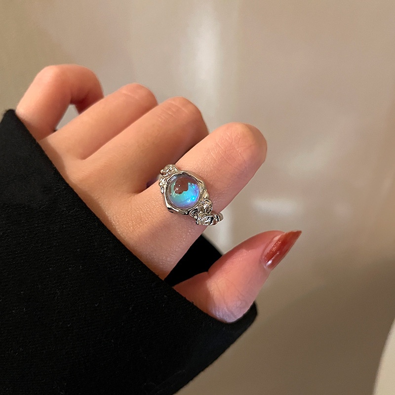 Cincin Terbuka Batu Moonlight Aksesoris Kepribadian Fashion Retro