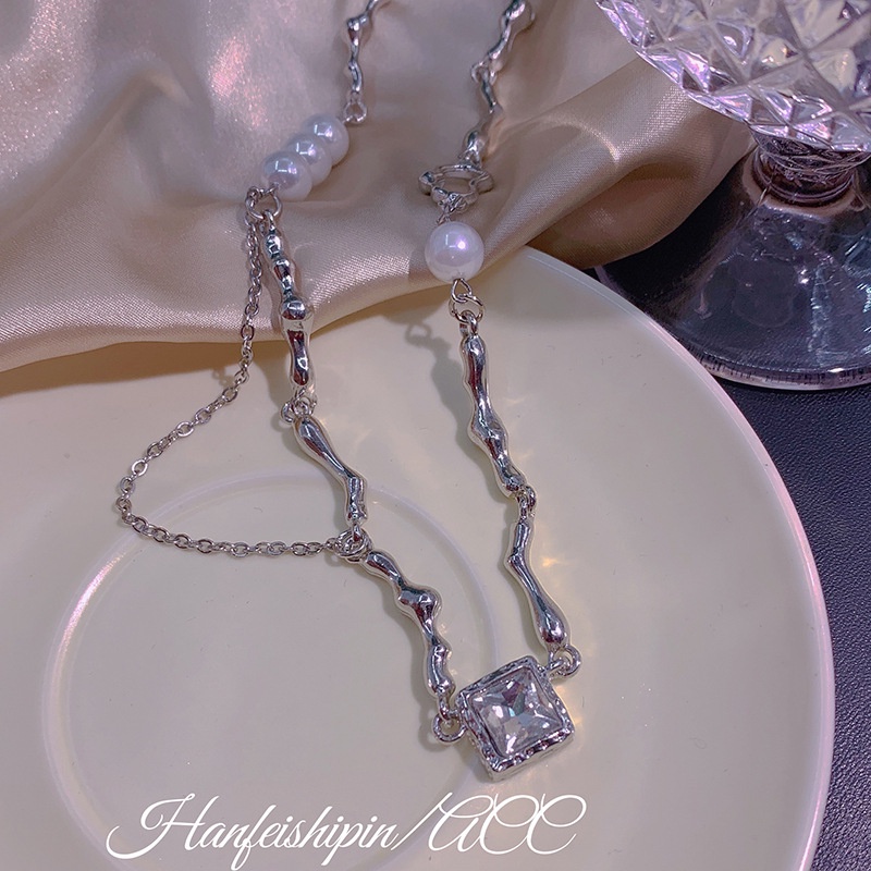 AY(CN) Kalung Persegi Mutiara Baroque Zircon Mewah Choker Rantai Klavikula Silver Untuk Aksesoris Perhiasan Wanita