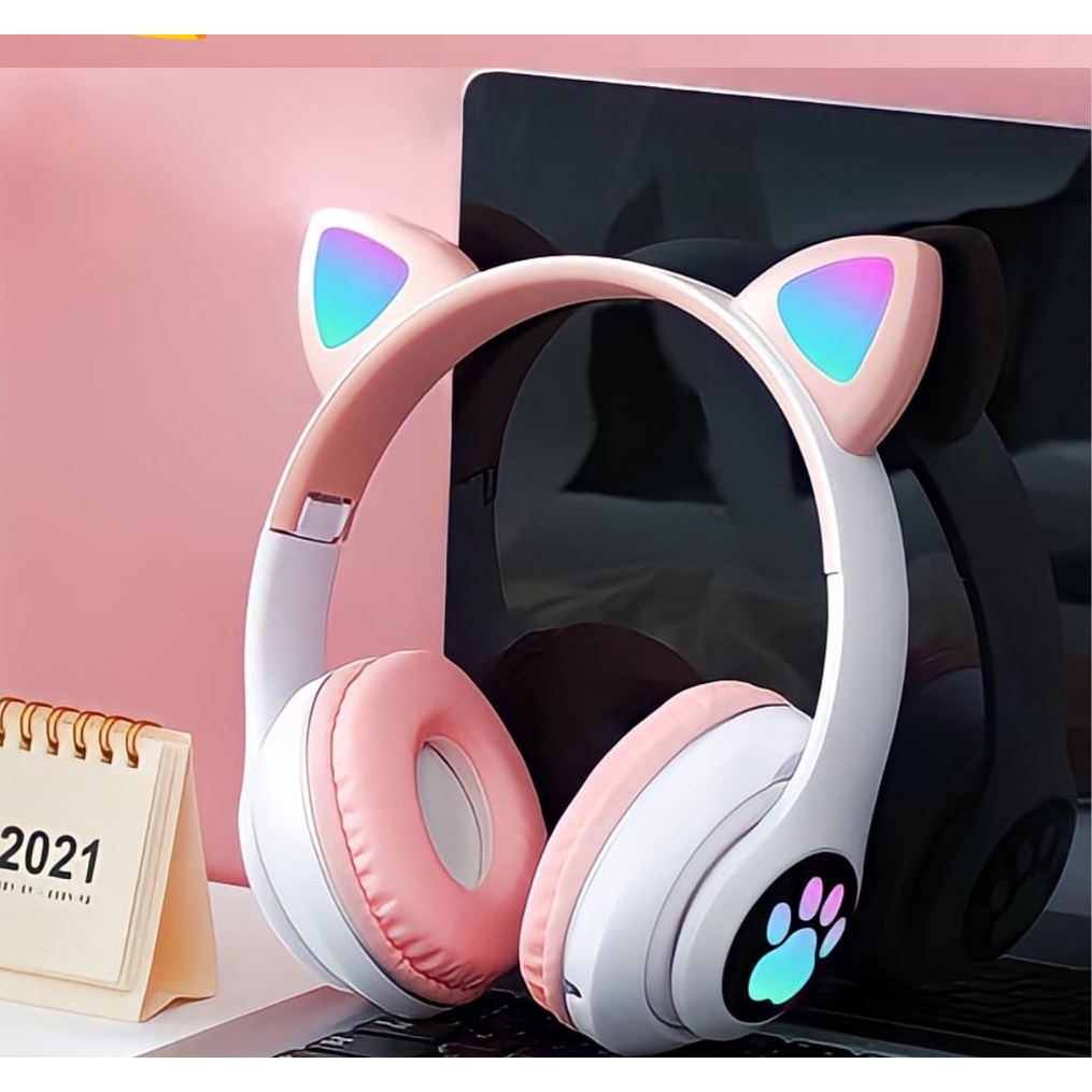 Headset Gaming LED Color Headset Gaming Bluetooth Wireless Game Headset Motif Kucing Led RGB Headset