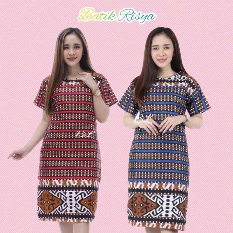 BAJU SIZE JUMBO DRESS BATIK WANITA JUMBO XXXXL / 4L LENGAN PENDEK MOTIF SONGKET TENUN MACAN MERAH BI