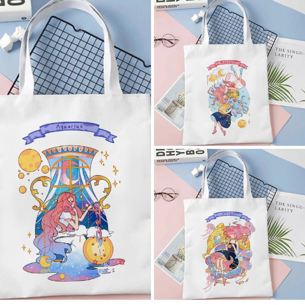 Tote Bag Motif Zodiak Lucu Kanvas Wanita / Totebag Zodiac Aesthetic / Tas Belanja Jinjing Laptop