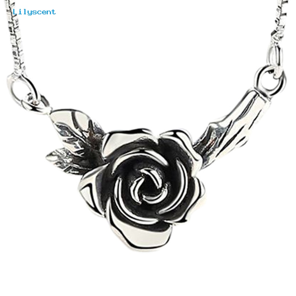 [LS] Wanita Kalung Vintage Bunga Hitam Rose Stainless Desain Lama Leher Dekorasi Warna Perak Tepi Halus Rose Liontin Kalung Pesta Perhiasan