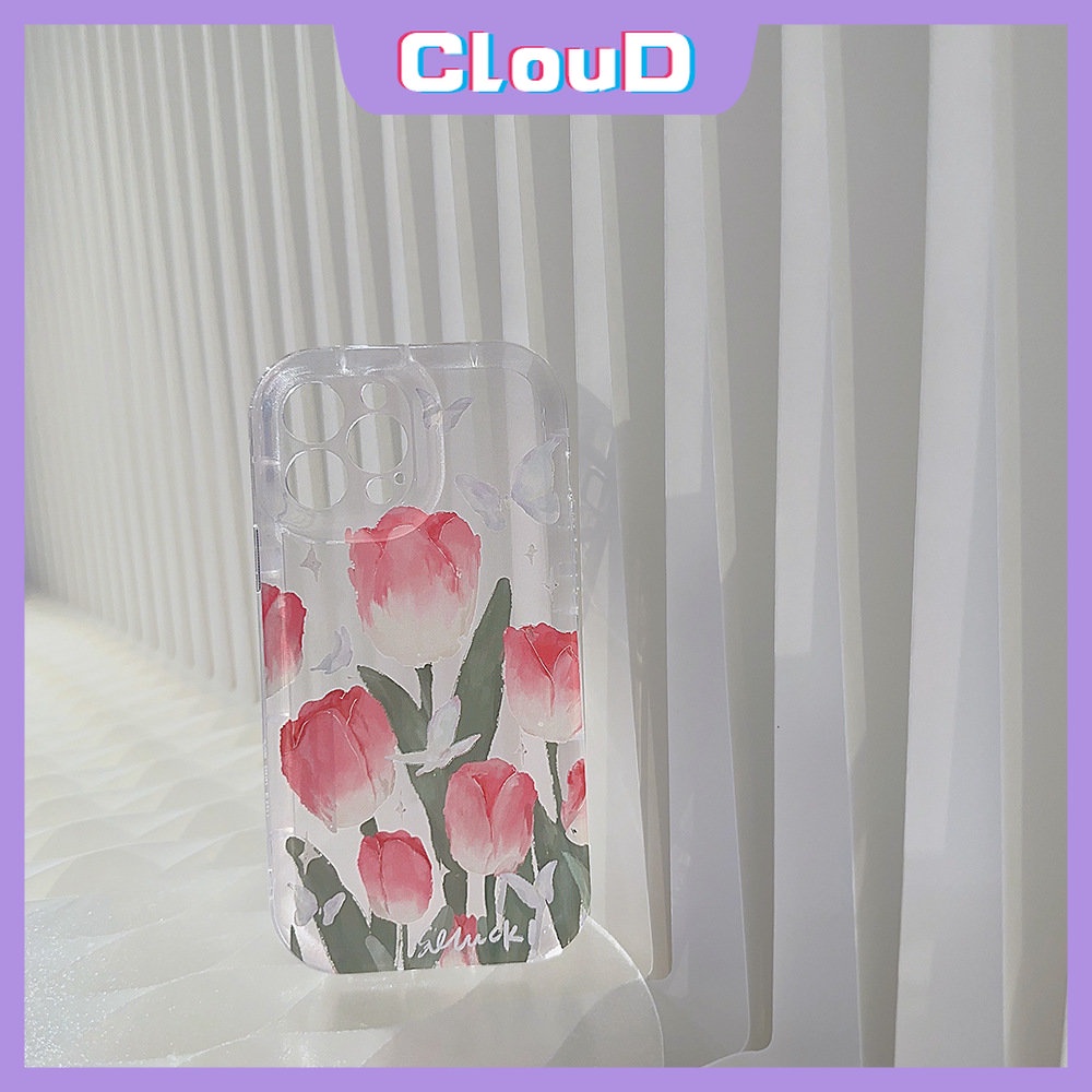 IPHONE Fashion Butterfly Clear Case Kompatibel Untuk Iphone11 7 8 6s 6 Plus XR 14 11 13 12 Pro Max X XS Max SE 2020 Fresh Spring Flowers Tulips Airbag Shockproof Soft TPU Back Cover