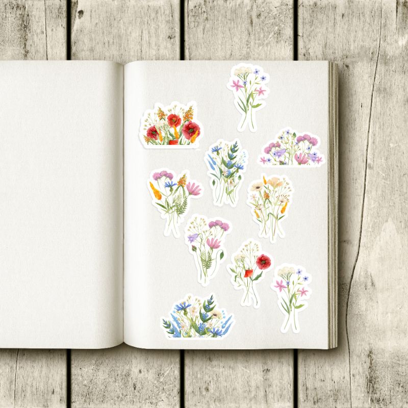 

10pcs sticker vinyl matte glossy FLORA STIKERS scrapbook journal 6-7 cm
