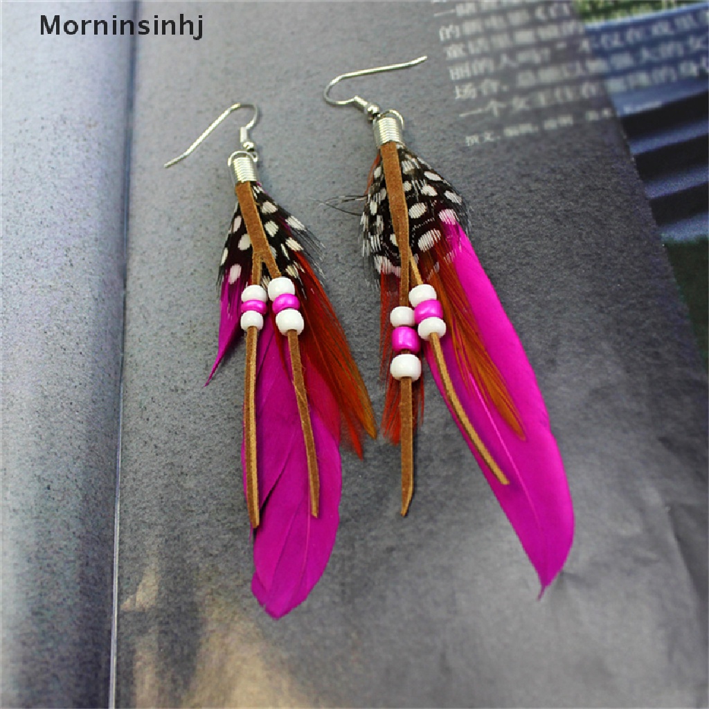 Mornin Fashion Rumbai Menjuntai Anting Bulu Manik Kulit Anting Indian Feathers id