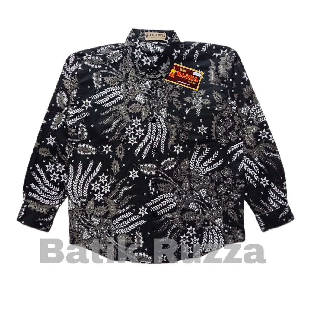 RUZZA Batik Anak Lengan Panjang Ukuran 3-15 Tahun Kemeja Motif Manggar Hijau Daun Baju Laki laki Cowok