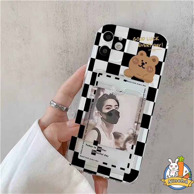 IPHONE Case Tas Kartu Bening Kompatibel Untuk Iphone14 13 12 11 Pro Max X Xr Xs Max 8 7 6 6s Plus SE 2020 Pasangan Kotak-Kotak Dompet Slot Holder Phone Case Shockproof Soft TPU Cover